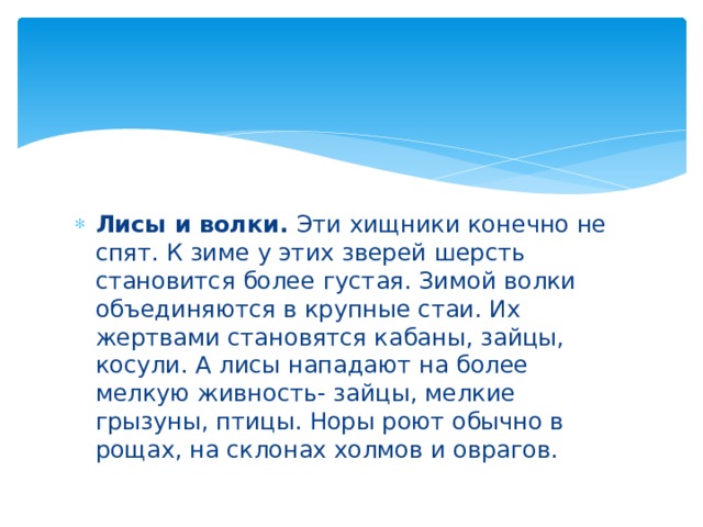 Лисы и волки. Эти хищники конечно не спят. К зиме у этих зверей шерсть становится более густая. Зимой волки объединяются в крупные стаи. Их жертвами становятся кабаны, зайцы, косули. А лисы нападают на более мелкую живность- зайцы, мелкие грызуны, птицы. Норы роют обычно в рощах, на склонах холмов и оврагов. 