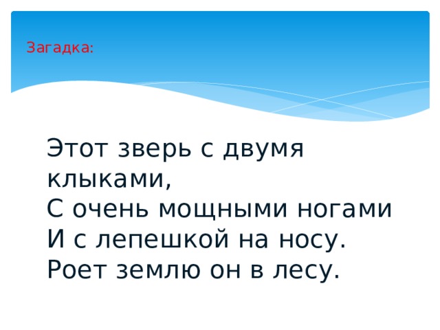 Загадка: Этот зверь с двумя клыками, С очень мощными ногами И с лепешкой на носу. Роет землю он в лесу. 