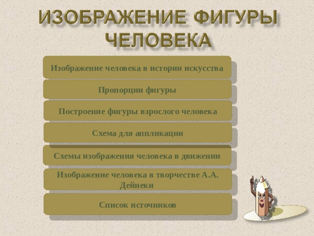 Изображение человека в истории искусства Пропорции фигуры Построение фигуры взрослого человека Схема для аппликации Схемы изображения человека в движении Изображение человека в творчестве А.А. Дейнеки Список источников 