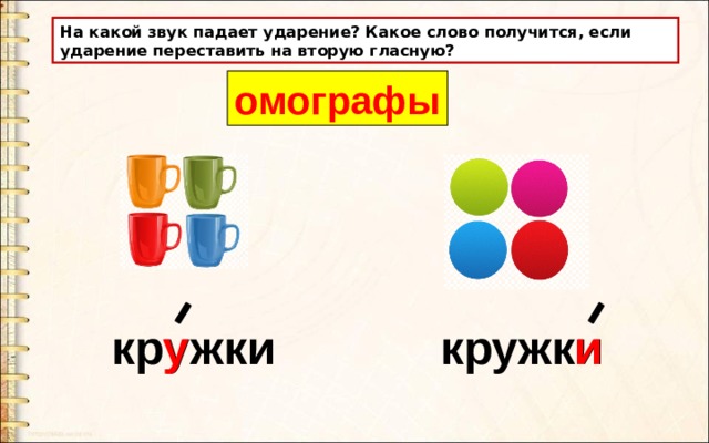 На какой звук падает ударение? Какое слово получится, если ударение переставить на вторую гласную? омографы кружки кружки у и 