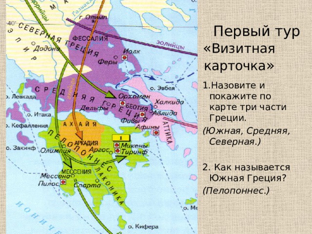  Первый тур  « Визитная карточка » 1.Назовите и покажите по карте три части Греции. (Южная, Средняя, Северная.) 2. Как называется Южная Греция? (Пелопоннес.) 