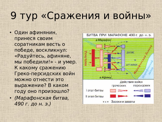 9 тур «Сражения и войны» Один афинянин, принеся своим соратникам весть о победе, воскликнул: «Радуйтесь, афиняне, мы победили!» - и умер. К какому сражению Греко-персидских войн можно отнести это выражение? В каком году оно произошло?  (Марафонская битва, 490 г. до н. э.) 