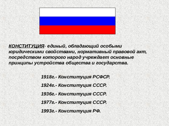 КОНСТИТУЦИЯ - единый, обладающий особыми юридическими свойствами, нормативный правовой акт, посредством которого народ учреждает основные принципы устройства общества и государства. 1918г.- Конституция РСФСР. 1924г.- Конституция СССР. 1936г.- Конституция СССР. 1977г.- Конституция СССР. 1993г.- Конституция РФ. 