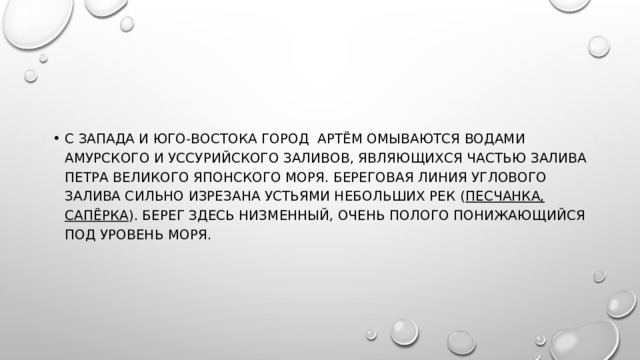 С запада и юго-востока ГОРОД Артём омываются водами Амурского и Уссурийского заливов, являющихся частью залива Петра Великого Японского моря. Береговая линия Углового залива сильно изрезана устьями небольших рек ( Песчанка, Сапёрка ). Берег здесь низменный, очень полого понижающийся под уровень моря. 