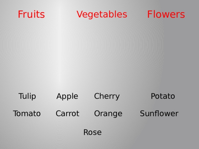 Fruits Flowers Vegetables Cherry Tulip Potato Apple Sunflower Tomato Carrot Orange Rose 