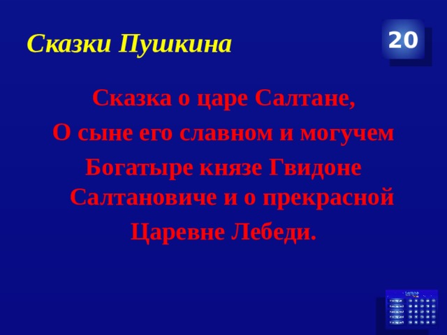 Сказки Пушкина 20 Сказка о царе Салтане, О сыне его славном и могучем Богатыре князе Гвидоне Салтановиче и о прекрасной Царевне Лебеди. 