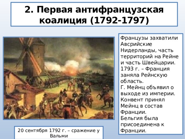 2. Первая антифранцузская коалиция (1792-1797) Французы захватили Авсрийские Нидерланды, часть территорий на Рейне и часть Швейцарии. 1793 г. – Франция заняла Рейнскую область. Г. Мейнц объявил о выходе из империи. Конвент принял Мейнц в состав Франции. Бельгия была присоединена к Франции. 20 сентября 1792 г. – сражение у Вальми 