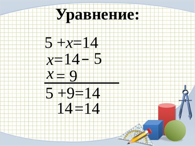 Уравнение: 5 + х =14 5  – 14 х = x = 9 5 +9=14 14  =14  