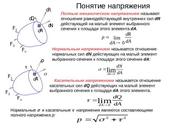 Понятие напряжения R d Полным механическим напряжением  называют отношение равнодействующей внутренних сил dR  действующей на малый элемент выбранного сечения к площади этого элемента dA . d Q d N  F 1  d A  F 2  Нормальным напряжением  называется отношение нормальных сил dN  действующих на малый элемент выбранного сечения к площади этого сечения dA :  F n  p       F 1  A d  Касательным напряжением  называется отношение касательных сил dQ действующих на малый элемент выбранного сечения к площади dA этого элемента.  F 2   F n  Нормальные   и касательные   напряжения являются составляющими полного напряжения р: 