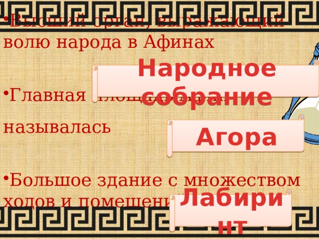 Высший орган, выражающий волю народа в Афинах Главная площадь Афин называлась Большое здание с множеством ходов и помещений Народное собрание Агора Лабиринт 