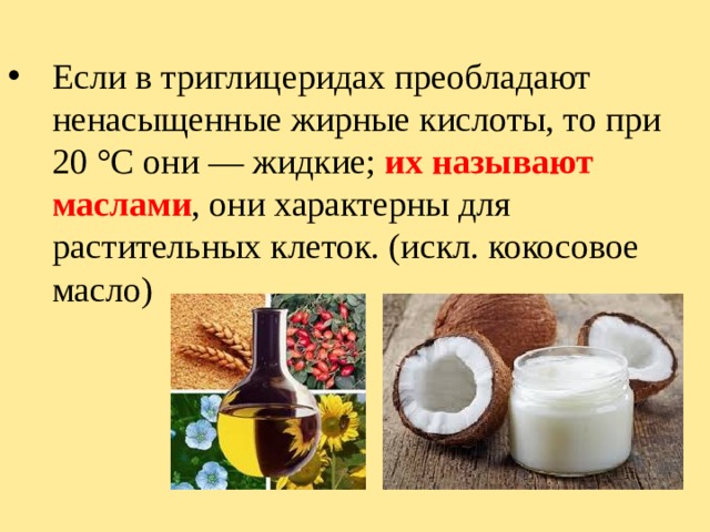 Если в триглицеридах преобладают ненасыщенные жирные кислоты, то при 20 °С они — жидкие; их называют маслами , они характерны для растительных клеток. (искл. кокосовое масло) 