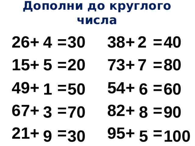 Дополни до круглого числа 2 30 4 40 26+ = 38+ = 15+ = 73+ = 49+ = 54+ = 67+ = 82+ = 21+ = 95+ = 5 80 20 7 60 6 50 1 70 8 3 90 30 5 9 100 