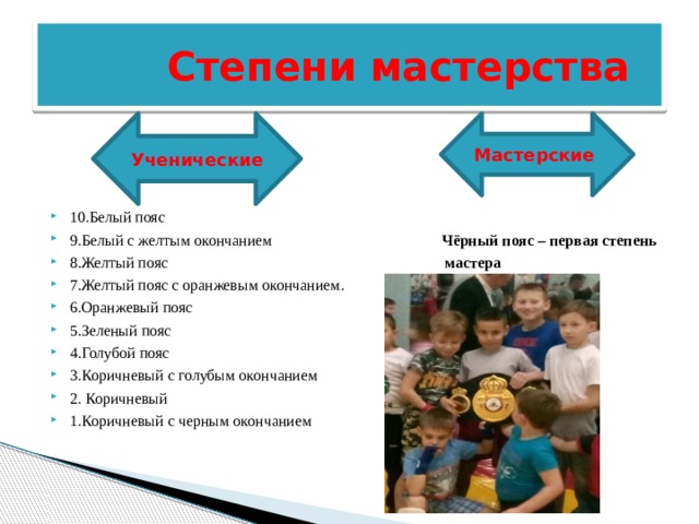  Степени мастерства 10.Белый пояс 9.Белый с желтым окончанием Чёрный пояс – первая степень 8.Желтый пояс мастера 7.Желтый пояс с оранжевым окончанием. 6.Оранжевый пояс 5.Зеленый пояс 4.Голубой пояс 3.Коричневый с голубым окончанием 2. Коричневый 1.Коричневый с черным окончанием Ученические Мастерские  
