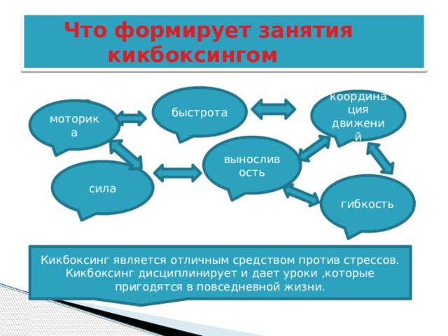  Что формирует занятия  кикбоксингом быстрота координация движений моторика выносливость сила гибкость Кикбоксинг является отличным средством против стрессов. Кикбоксинг дисциплинирует и дает уроки ,которые пригодятся в повседневной жизни. 