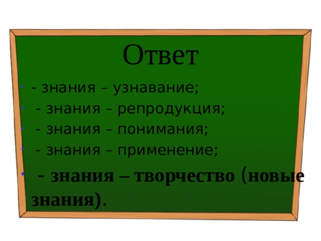 Ответ - знания – узнавание;  - знания – репродукция;  - знания – понимания;  - знания – применение;  - знания – творчество ( новые знания) . 