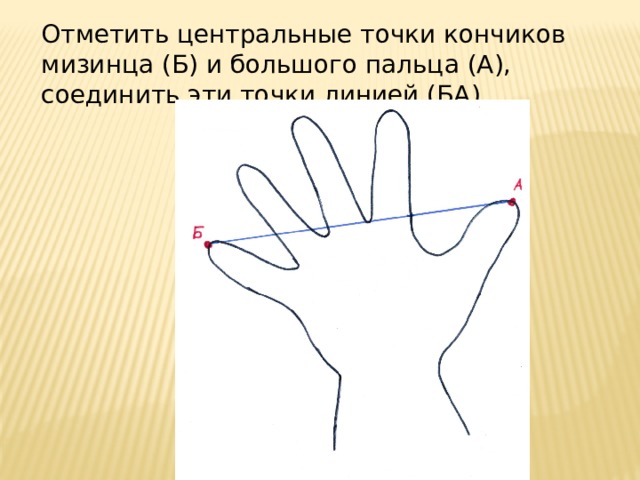 Отметить центральные точки кончиков мизинца (Б) и большого пальца (А), соединить эти точки линией (БА).   