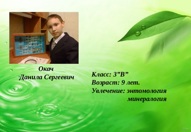 Класс: 3 ” В ” Возраст: 9 лет. Увлечение: энтомология  минералогия  Окач  Данила Сергеевич 