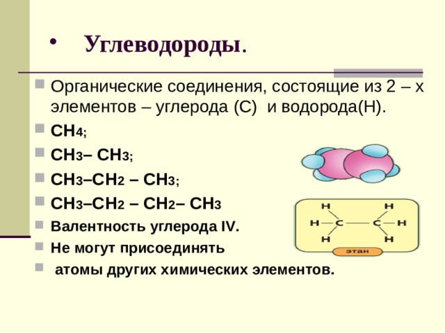  Углеводороды . Органические соединения, состоящие из 2 – х элементов – углерода (С) и водорода(Н). CH 4; CH 3 – CH 3 ; CH 3 – CH 2 – CH 3 ;  CH 3 – CH 2 – CH 2 – CH 3  Валентность углерода І V . Не могут присоединять  атомы других химических элементов.  