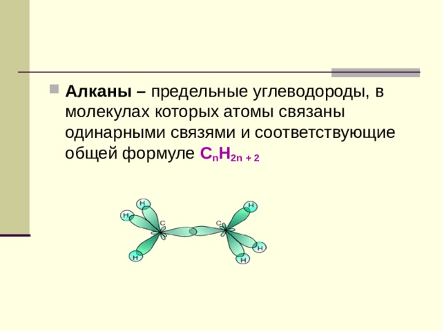 Алканы – предельные углеводороды, в молекулах которых атомы связаны одинарными связями и соответствующие общей формуле  C n H 2n + 2   