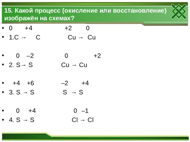 15. Какой процесс (окисление или восстановление) изображён на схемах? 0  +4    +2  0 1. C →  C   Cu  →  Cu   0  –2      0  +2 2. S→ S    Cu → Cu   +4  +6    –2  +4 3. S → S    S → S   0   +4   0    –1 4. S → S   Cl → Cl  