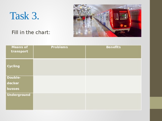 Task 3. Fill in the chart: Means of transport Problems   Double-decker busses   Cycling Benefits     Underground         