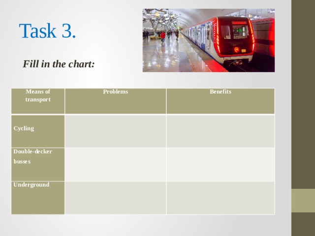 Task 3. Fill in the chart: Means of transport Problems   Double-decker busses   Cycling Benefits     Underground         