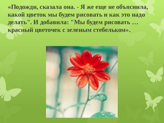 «Подожди, сказала она. - Я же еще не объяснила, какой цветок мы будем рисовать и как это надо делать