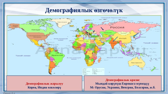  Демографиялык өзгөчөлүк   Демографиялык жарылуу Демографиялык кризис Корея, Индия өлкөлөрү  Мындай көрүнүш Европага мүнөздүү М: Орусия, Украина, Венгрия, Болгария, ж.б. 