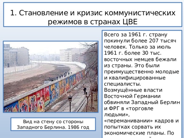 1. Становление и кризис коммунистических режимов в странах ЦВЕ Всего за 1961 г. страну покинули более 207 тысяч человек. Только за июль 1961 г. более 30 тыс. восточных немцев бежали из страны. Это были преимущественно молодые и квалифицированные специалисты. Возмущённые власти Восточной Германии обвиняли Западный Берлин и ФРГ в «торговле людьми», «переманивании» кадров и попытках сорвать их экономические планы. По их данным, хозяйство Восточного Берлина ежегодно теряет из-за этого 2,5 млрд марок. Вид на стену со стороны Западного Берлина. 1986 год 