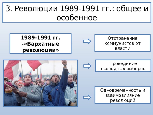 3. Революции 1989-1991 гг.: общее и особенное 1989-1991 гг. -«Бархатные революции» Отстранение коммунистов от власти Проведение свободных выборов Одновременность и взаимовлияние революций 