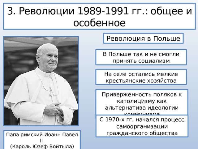 3. Революции 1989-1991 гг.: общее и особенное Революция в Польше В Польше так и не смогли принять социализм На селе остались мелкие крестьянские хозяйства Приверженность поляков к католицизму как альтернатива идеологии коммунизма С 1970-х гг. начался процесс самоорганизации гражданского общества Папа римский Иоанн Павел II  (Кароль Юзеф Войтыла) 