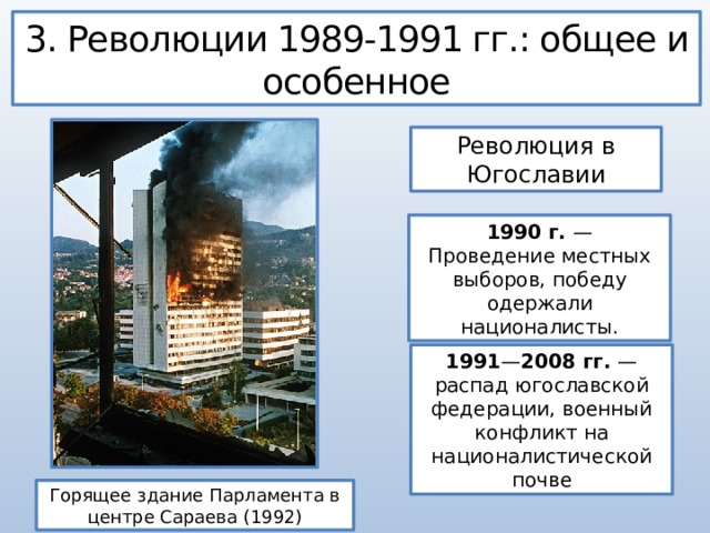 3. Революции 1989-1991 гг.: общее и особенное Революция в Югославии 1990 г. — Проведение местных выборов, победу одержали националисты. 1991 — 2008 гг. — распад югославской федерации, военный конфликт на националистической почве Горящее здание Парламента в центре Сараева (1992) 