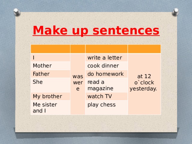 Make up sentences I Mother Father write a letter She cook dinner was do homework My brother were Me sister and I read a magazine at 12 o`clock yesterday. watch TV play chess 