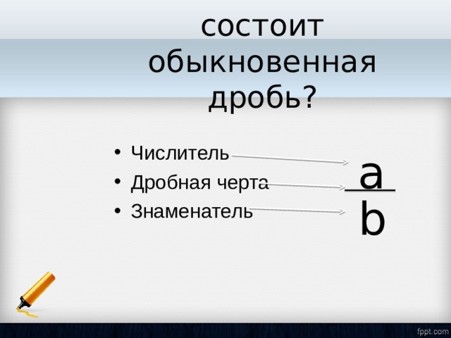 Из каких частей состоит обыкновенная дробь? Числитель Дробная черта Знаменатель a b 