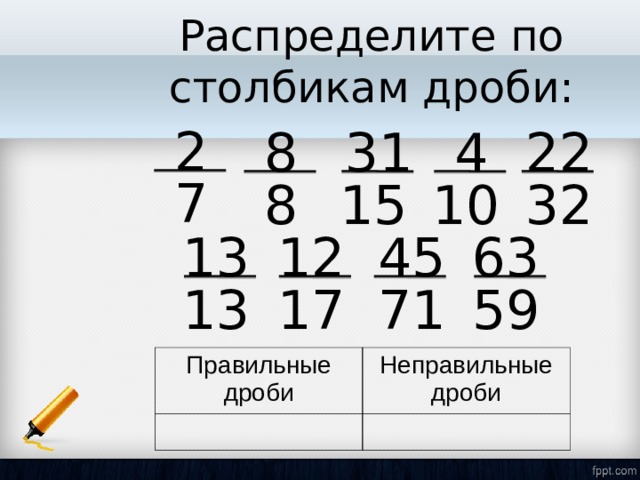 Распределите по столбикам дроби: 2 8 22 31 4 7 8 32 15 10 13 63 45 12 13 59 71 17 Правильные дроби Неправильные дроби 