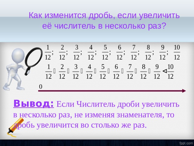 Как изменится дробь, если увеличить её числитель в несколько раз ?   0 Вывод:  Если Числитель дроби увеличить в несколько раз, не изменяя знаменателя, то дробь увеличится во столько же раз. 