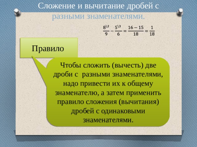 Сложение и вычитание дробей с разными знаменателями. Правило Чтобы сложить (вычесть) две дроби с разными знаменателями, надо привести их к общему знаменателю, а затем применить правило сложения (вычитания) дробей с одинаковыми знаменателями. 