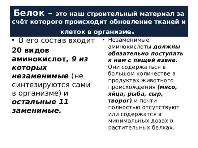 Белок – это наш строительный материал за счёт которого происходит обновление тканей и клеток в организме . В его состав входит 20 видов аминокислот, 9 из которых незаменимые (не синтезируются сами в организме) и остальные 11 заменимые.   Незаменимые аминокислоты должны обязательно поступать к нам с пищей извне. Они содержаться в большом количестве в продуктах животного происхождения (мясо, яйца, рыба, сыр, творог) и почти полностью отсутствуют или содержатся в минимальных дозах в растительных белках. 