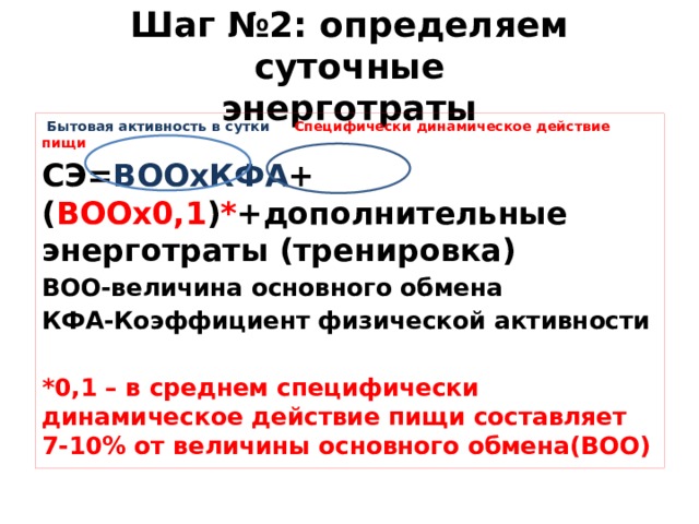 Шаг №2: определяем суточные  энерготраты  Бытовая активность в сутки  Специфически динамическое действие пищи СЭ= ВООхКФА +( ВООх0,1 ) * +дополнительные энерготраты (тренировка) ВОО-величина основного обмена КФА-Коэффициент физической активности  *0,1 – в среднем специфически динамическое действие пищи составляет 7-10% от величины основного обмена(ВОО) 