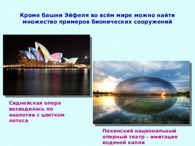 Кроме башни Эйфеля во всём мире можно найти множество примеров бионических сооружений Сиднейская опера возводилась по аналогии с цветком лотоса Пекинский национальный оперный театр – имитация водяной капли 
