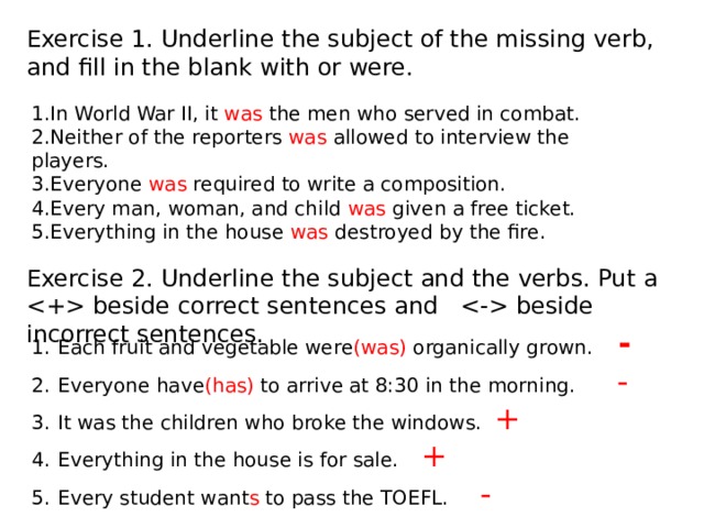 Exercise 1. Underline the subject of the missing verb, and fill in the blank with or were. 1.In World War II, it was the men who served in combat. 2.Neither of the reporters was allowed to interview the players. 3.Everyone was required to write a composition. 4.Every man, woman, and child was given a free ticket. 5.Everything in the house was destroyed by the fire. Exercise 2. Underline the subject and the verbs. Put a  beside correct sentences and  beside incorrect sentences. Each fruit and vegetable were (was) organically grown. - Everyone have (has) to arrive at 8:30 in the morning.  - It was the children who broke the windows. + Everything in the house is for sale.  + Every student want s to pass the TOEFL. - 