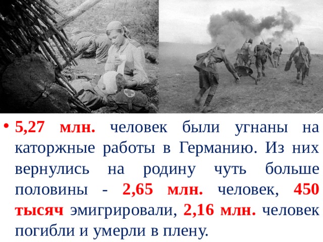 5,27 млн. человек были угнаны на каторжные работы в Германию. Из них вернулись на родину чуть больше половины - 2,65 млн. человек, 450 тысяч  эмигрировали, 2,16 млн.  человек погибли и умерли в плену. 