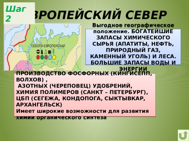 Шаг 2 ЕВРОПЕЙСКИЙ СЕВЕР Выгодное географическое положение. БОГАТЕЙШИЕ ЗАПАСЫ ХИМИЧЕСКОГО СЫРЬЯ (АПАТИТЫ, НЕФТЬ, ПРИРОДНЫЙ ГАЗ, КАМЕННЫЙ УГОЛЬ) И ЛЕСА. БОЛЬШИЕ ЗАПАСЫ ВОДЫ И ЭНЕРГИИ СЫРЬЁ ПРОИЗВОДСТВО ФОСФОРНЫХ (КИНГИСЕПП, ВОЛХОВ) ,  АЗОТНЫХ (ЧЕРЕПОВЕЦ) УДОБРЕНИЙ, ХИМИЯ ПОЛИМЕРОВ (САНКТ – ПЕТЕРБУРГ), ЦБП (СЕГЕЖА, КОНДОПОГА, СЫКТЫВКАР, АРХАНГЕЛЬСК) Имеет широкие возможности для развития химии органического синтеза ОТРАСЛИ 