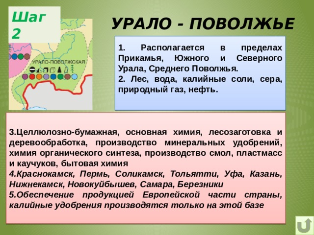 Шаг 2  УРАЛО - ПОВОЛЖЬЕ 1. Располагается в пределах Прикамья, Южного и Северного Урала, Среднего Поволжья. 2. Лес, вода, калийные соли, сера, природный газ, нефть.  СЫРЬЁ 3.Целлюлозно-бумажная, основная химия, лесозаготовка и деревообработка, производство минеральных удобрений, химия органического синтеза, производство смол, пластмасс и каучуков, бытовая химия 4.Краснокамск, Пермь, Соликамск, Тольятти, Уфа, Казань, Нижнекамск, Новокуйбышев, Самара, Березники 5.Обеспечение продукцией Европейской части страны, калийные удобрения производятся только на этой базе ОТРАСЛИ 