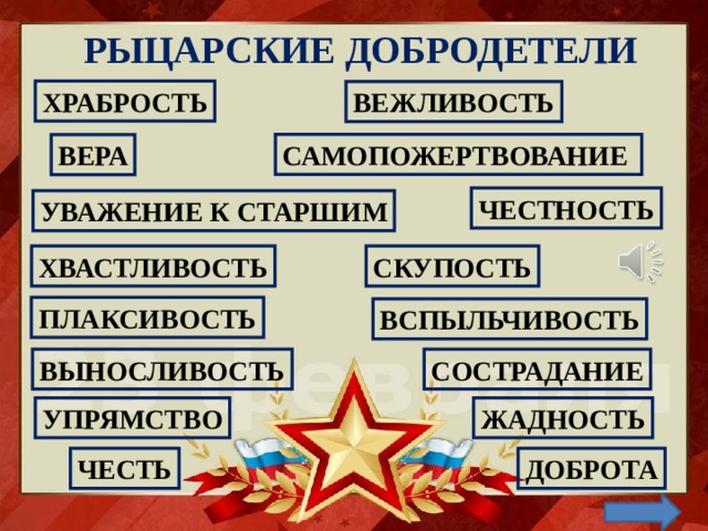 РЫЦАРСКИЕ ДОБРОДЕТЕЛИ ХРАБРОСТЬ ВЕЖЛИВОСТЬ САМОПОЖЕРТВОВАНИЕ ВЕРА ЧЕСТНОСТЬ УВАЖЕНИЕ К СТАРШИМ СКУПОСТЬ ХВАСТЛИВОСТЬ ПЛАКСИВОСТЬ ВСПЫЛЬЧИВОСТЬ ВЫНОСЛИВОСТЬ СОСТРАДАНИЕ УПРЯМСТВО ЖАДНОСТЬ ЧЕСТЬ ДОБРОТА 