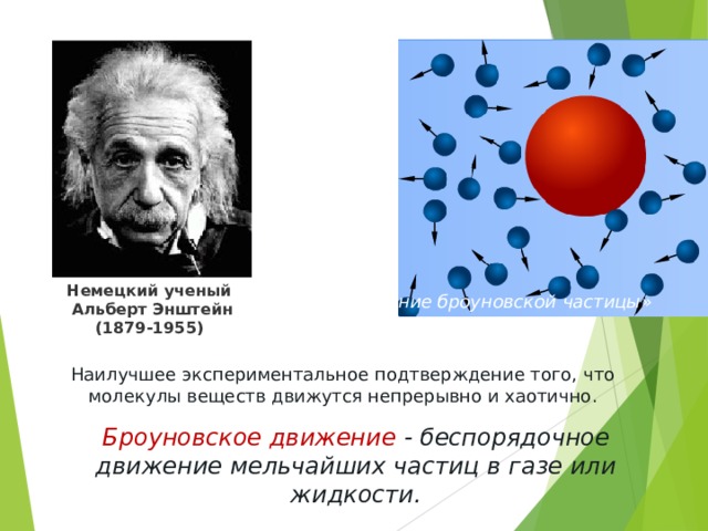 Немецкий ученый Альберт Энштейн (1879-1955)  «Движение броуновской частицы» Наилучшее экспериментальное подтверждение того, что молекулы веществ движутся непрерывно и хаотично. Броуновское движение - беспорядочное движение мельчайших частиц в газе или жидкости. 