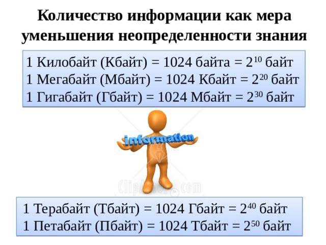 Количество информации как мера уменьшения неопределенности знания 1 Килобайт (Кбайт) = 1024 байта = 2 10  байт 1 Мегабайт (Мбайт) = 1024 Кбайт = 2 20  байт 1 Гигабайт (Гбайт) = 1024 Мбайт = 2 30  байт 1 Терабайт (Тбайт) = 1024 Гбайт = 2 40  байт 1 Петабайт (Пбайт) = 1024 Тбайт = 2 50  байт 