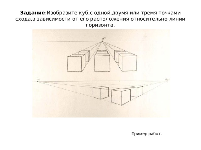 Задание :Изобразите куб,с одной,двумя или тремя точками схода,в зависимости от его расположения относительно линии горизонта. Пример работ. 