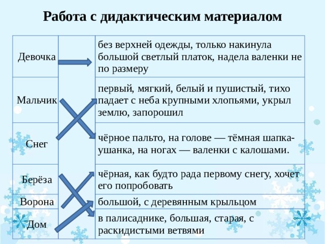 Работа с дидактическим материалом Девочка Мальчик Снег без верхней одежды, только накинула большой светлый платок, надела валенки не по размеру Берёза первый, мягкий, белый и пушистый, тихо падает с неба крупными хлопьями, укрыл землю, запорошил чёрное пальто, на голове — тёмная шапка- ушанка, на ногах — валенки с калошами. Ворона чёрная, как будто рада первому снегу, хочет его попробовать Дом большой, с деревянным крыльцом в палисаднике, большая, старая, с раскидистыми ветвями 