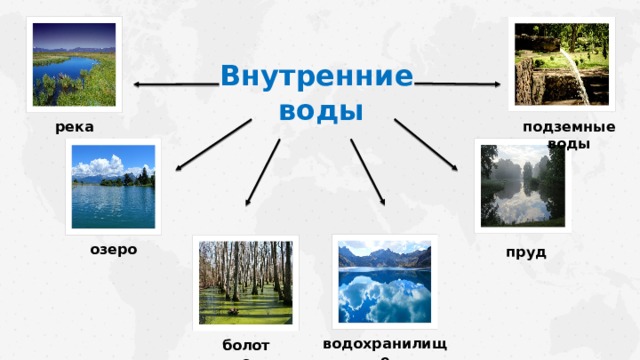 Внутренние  воды река подземные воды озеро пруд водохранилище болото 